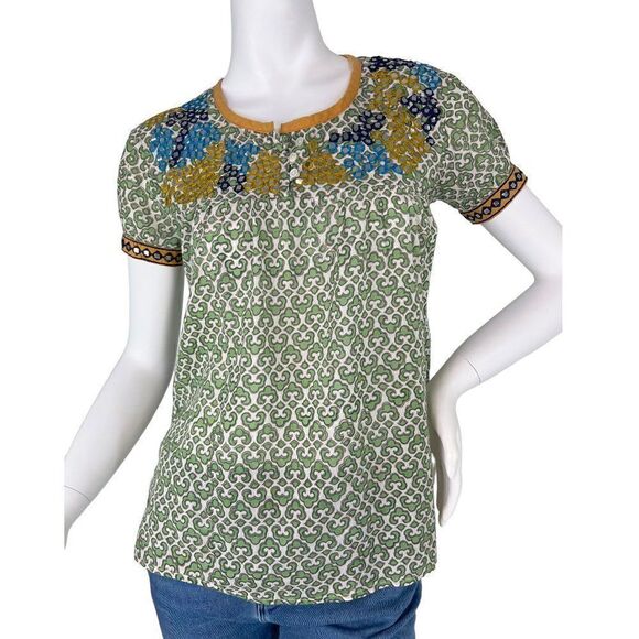 Roberta Freymann Green & White Block Print Short Sleeve Blouse Top w/ Sequins XS - Picture 1 of 11